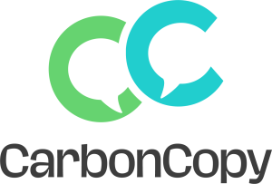 Logo consisting of two stylised letter C in close proximity to eachother. The one on the left is slightly set lower down the image than the other and is mid-green in colour. The other is turquoise. Both have the shape of a speech bubble as the interior of the letter C. Under the two letter Cs is near black text stating “CarbonCopy” in a san serif font. The background is transparent, so takes on the colour of the page it is placed on.